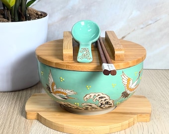 Crane Ramen Bowl With Bamboo Lid, Chopsticks and Spoon - Etsy