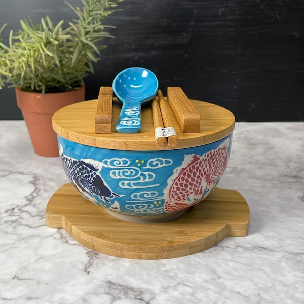 Japanese Ceramic Ramen Bowl with Bamboo Lid, Chopsticks & Spoon