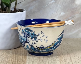 6&quot; Japanese Ramen Udon Noodle Bowl with Chopsticks Gift Set, Ceramic Bowl Crane, koi fish, flower, waves, clouds
