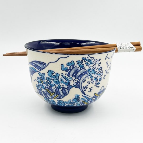 5" Japanese Ramen Udon Noodle Bowl with Chopsticks Gift Set, Floral, Waves, Dragon fly, Flower