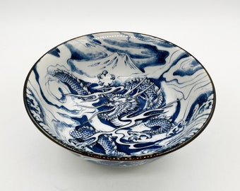 Japanese Pottery Ceramic Ramen Noodle Udon Donburi Bowl, Dragon Blue, Pink
