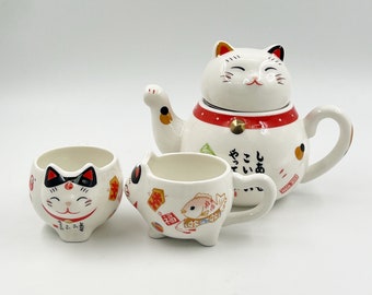 Japanese Lucky Cat Ceramic Tea Set, Maneki Neko Tea Pot and Tea Cup