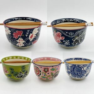 6" Japanese Ramen Udon Noodle Bowl with Chopsticks Gift Set, Ceramic Bowl Crane, Floral, Moon Rabbit, Lucky Cat