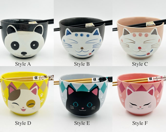 5" Japanese Ramen Udon Noodle Ceramic Bowl with Chopsticks Gift Set Panda, Cat, Black Cat