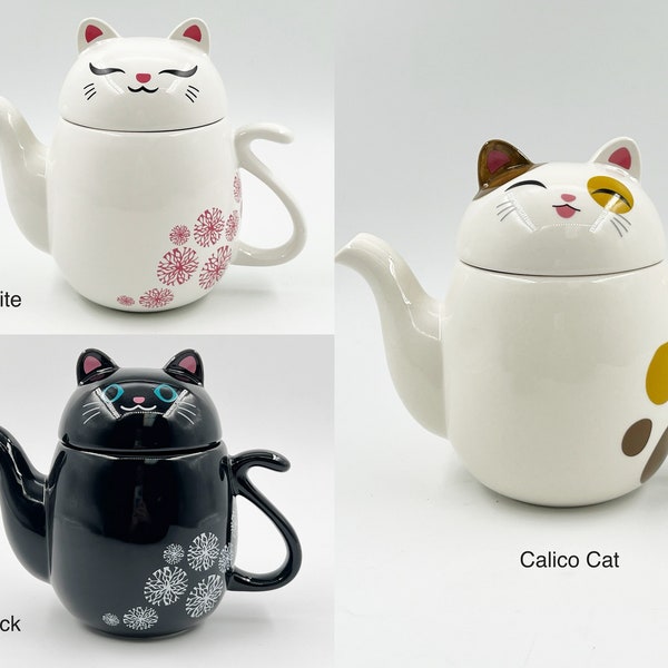 Japanese Cat Teapot, Cute Ceramic Cat Teapot 22oz with Stainless Steel Stainer