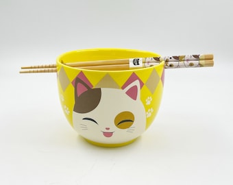 5&quot; Japanese Ramen Udon Noodle Bowl with Chopsticks Gift Set, Ceramic Bowl Panda, Cat, Black Cat