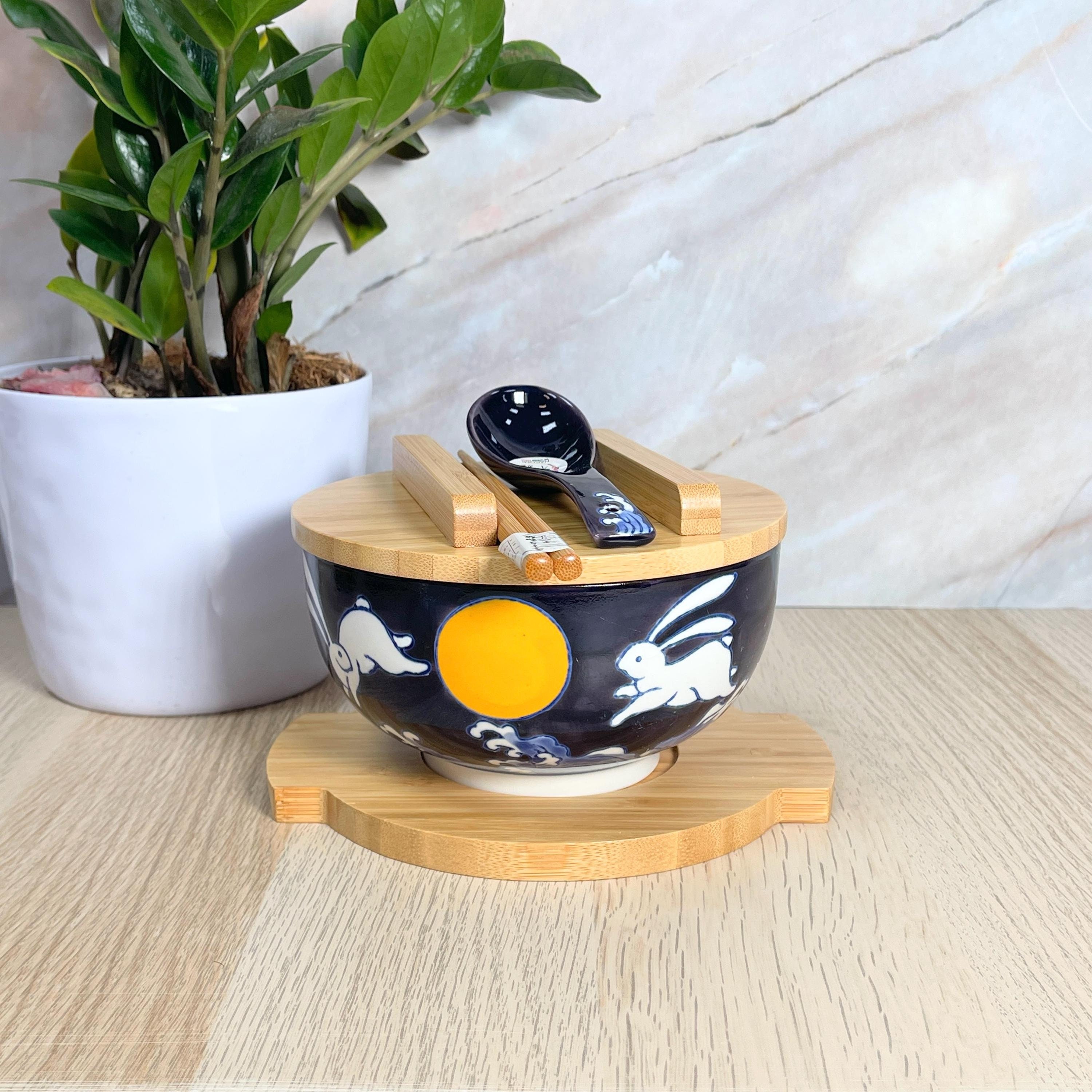 日本製陶器製ラーメン丼セット：月うさぎデザイン、竹蓋 - Etsy 日本
