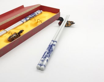 2 pairs Good Fortune Blue-and-white Porcelain Ceramic, Wooden Chopsticks with gift box and holders