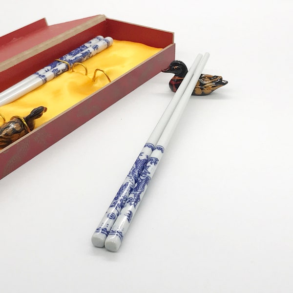 2 pairs Good Fortune Blue-and-white Porcelain Ceramic, Wooden Chopsticks with gift box and holders