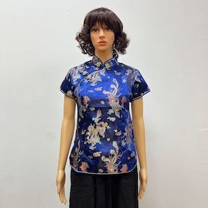 Chinese Cheongsam Shirt Short Sleeve Top China Blouse Dragon and Phoenix for Women