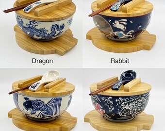 Japanese Kamameshi Vintage Style Royal Dragon pattern Ceramic Rice Noodle Ramen Bowl with Bamboo Lid Trivet Chopsticks and spoon bowl Set