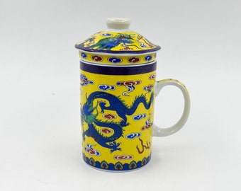 Vintage Style Chinese Loyal Dragon Ceramic Tea Cup Mug 10 fl oz, 3 Piece Tea Cup with Infuser and Lid