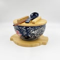 Japanese Kamameshi Vintage Style Royal Dragon pattern Ceramic Rice Noodle Ramen Bowl with Bamboo Lid Trivet Chopsticks and spoon bowl Set