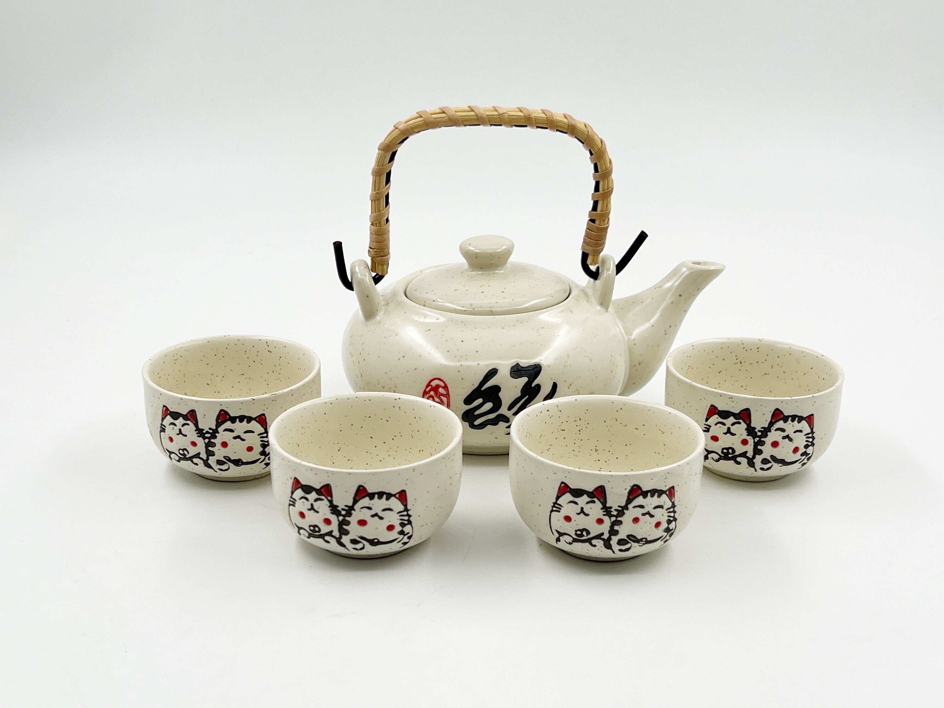 中国カンフー茶器セット、陶器製招き猫、梅の花、漢字入り急須、茶碗