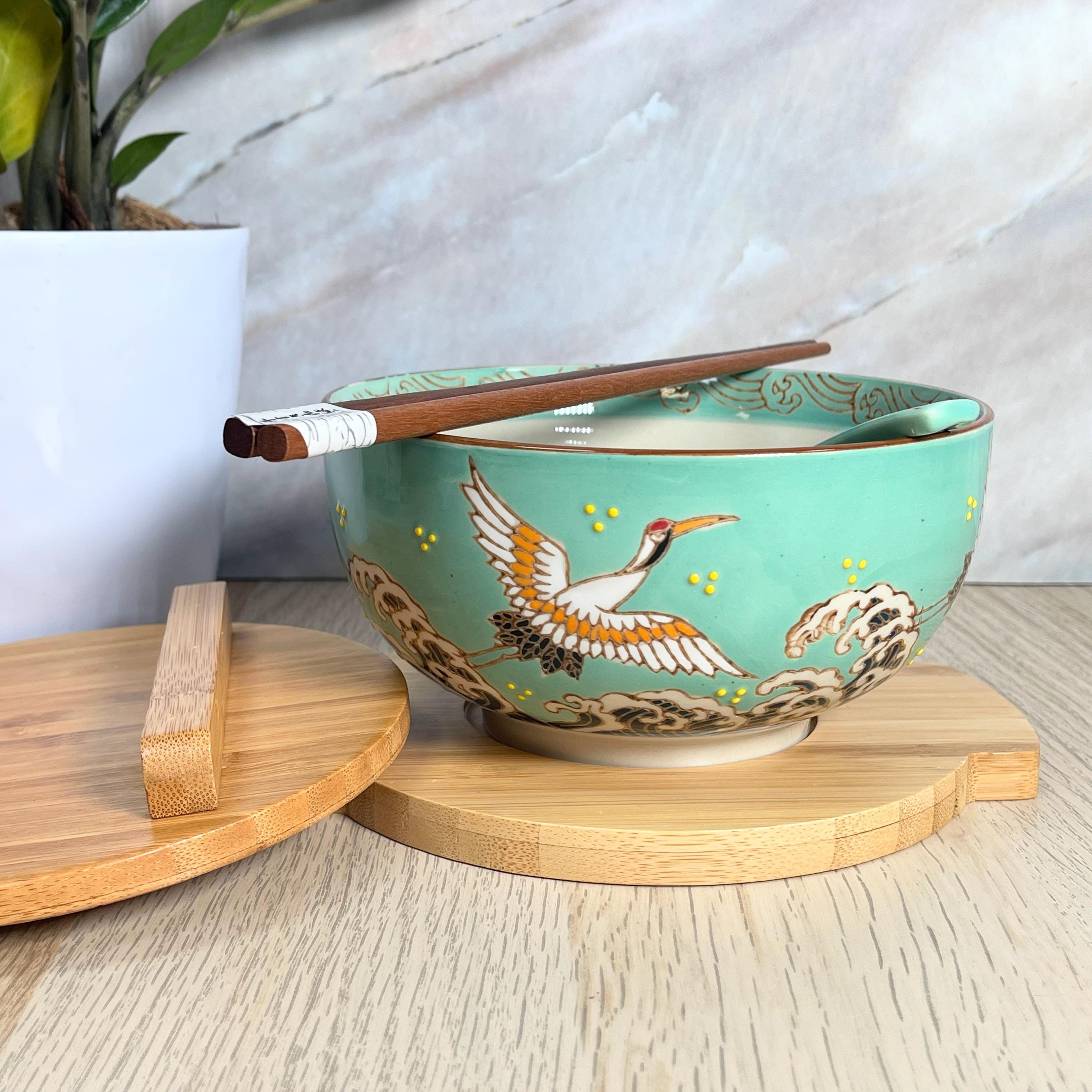 Crane Ramen Bowl With Bamboo Lid, Chopsticks and Spoon - Etsy
