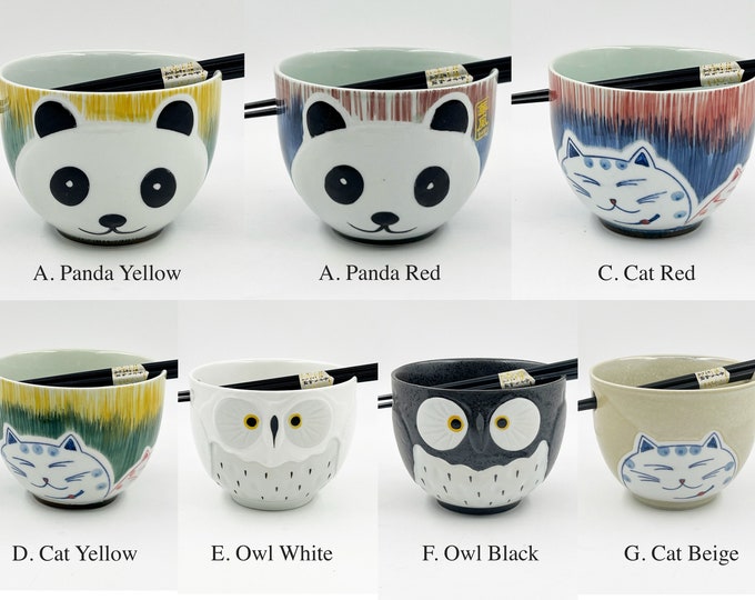 Japanese Ramen Udon Noodle Bowl with Chopsticks Gift Set, Ceramic Bowl, Panda, Cat, Owl 5" width