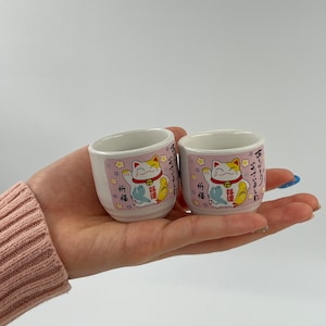 2 PCS Lucky Cat Chinese Characters Ceramic Shot Glass Set for Sake n Soju, Ceramic Pottery Porcelain Shot Small Cup