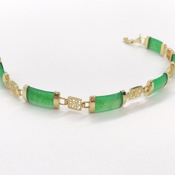 Chinese Characters Good Fortune Green Jade Link Bracelet