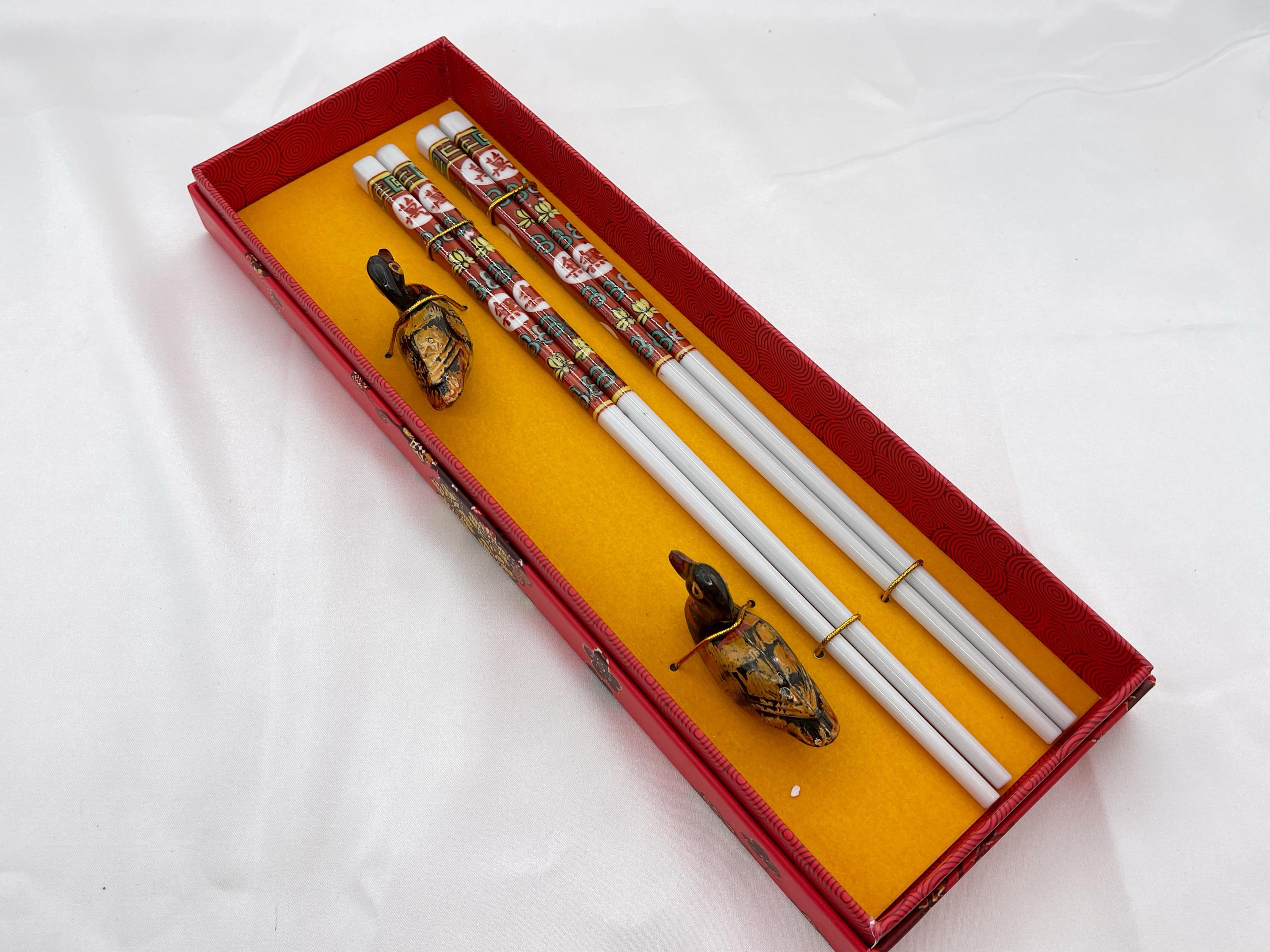 2 pairs Good Fortune Blue and white Porcelain Ceramic Chopsticks with gift box and holders
