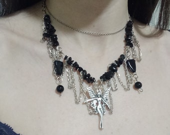 Black Onyx Gemstone Chain Fairycore Necklace, Dark Academia Jewelry, Downtown Girl Jewelry, Dark Fairycore 
