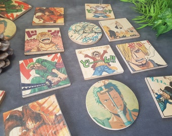 Set van 9 houten onderzetters "One piece" - Wanddecoratie - Koelkastmagneet - Handgemaakt - Manga