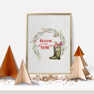 Cartes de bienvenue de Noël, art minimaliste de NoëlCouronne de bienvenue à la maison, affiche imprimable de Noël, aquarelle de Noël Minimalis