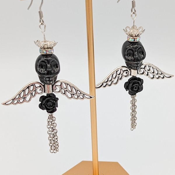 Day of the Dead Winged Black Skull Dangle Earrings, Dia de Los Muertos Jewelry, Skeleton Calavera Earrings, Halloween Jewelry, Death Angel