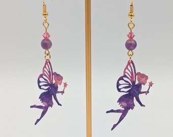 Whimsical Purple and Pink Tie-Dye Fairy Outline Dangle Earrings, Cottagecore Jewelry, Magical Fae Princess Earrings, Birthday Gift for Her