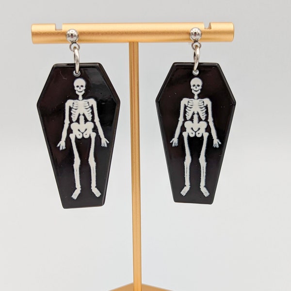 Spooky Hand Painted Skeleton in Coffin Charm Dangle Earrings, Halloween Jewelry, Goth Earrings, Day of the Dead Jewelry, Whimsigoth Jewelry