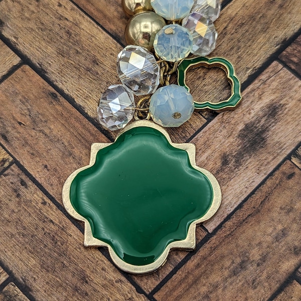 Vintage Enamel Green Quatrefoil with Crystal Bead Dangle Necklace, Sparkly Necklace, Glam Necklace, St. Patrick's Day Jewelry, Charm Jewelry