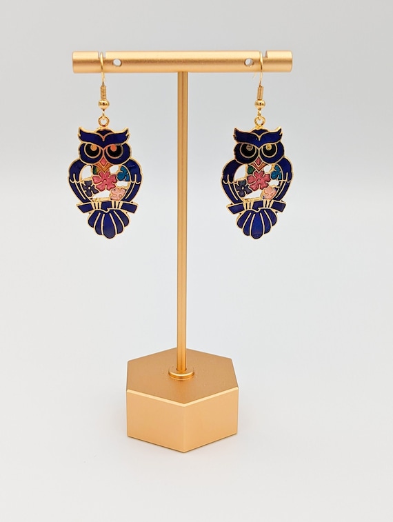 Vintage Cloisonne Owl Dangle Earrings, Enamel Jewe