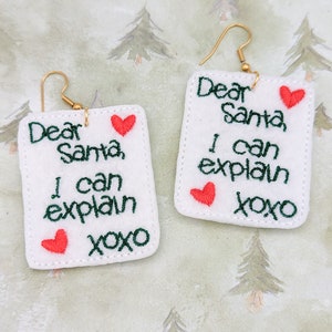 Dear Santa, I Can Explain Embroidered Felt Dangle Earrings, Funny Christmas Jewelry, Holiday Party Earrings, Whimsical Jewelry, Santa Claus