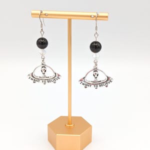 Cute Alien in UFO Charm Dangle Earrings, Sci-fi Jewelry, I Want to Believe Earrings, Flying Saucer Jewelry, Outer Space Novelty Earrings