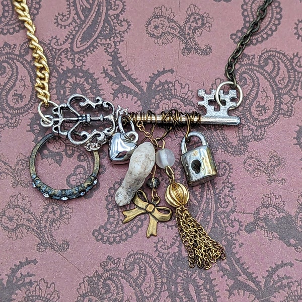 Upcycled Vintage Assemblage Skeleton Key Necklace, Creepy Doll Leg Charm, Shabby Chic Jewelry, Whimsical Altered Necklace, Key Jewelry