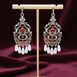 Baroque Aesthetic Dangle Earrings, Romantic Statement Jewelry, Red Rhinestone and Faux Pearl Maximalist Gift, Renaissance Fair Cosplay