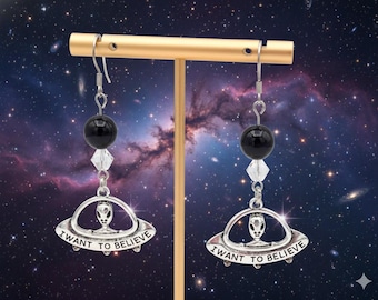 UFO Alien Earrings, I Want To Believe Jewelry, Area 51 Accessories, Sci-Fi Space Jewelry, Abduction Dangle Earrings, Extraterrestrial Gift
