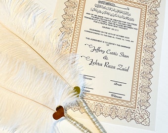 Luxury Nikkah Certificate and Decorative Ostrich Feather Pen.
