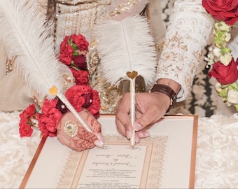 Certificado Nikkah de lujo con carpeta y bolígrafo decorativo de pluma de avestruz.