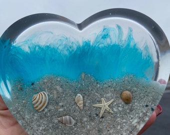 Heart Pet memorial with ashes, ocean look, resin memorial, dog/cat ashes