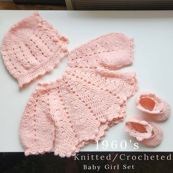 Precious Pink Vintage Knitted Baby Girl Newborn S… - image 1