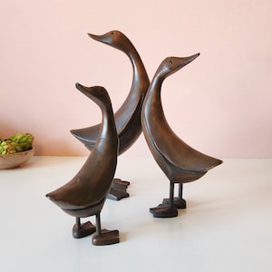 Adorable Vintage Teak Wood Banana Duck Sculptures, Set of 3