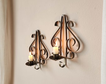 Muted Bronze Wrought Iron Candle Sconces, Vintage Spanish Revival Rustic Decorative Scrolled Metal Wall Candlestick Holders