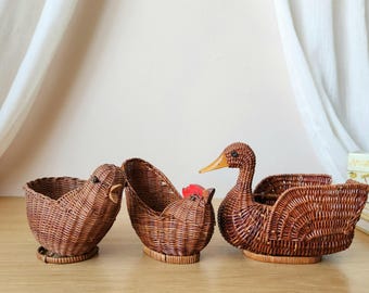 Vintage Woven Bird Basket Set, Wicker Duck & Chickens Wood Beaks, Fall Autumn Country Animal Decorative Small Dish or Bowl