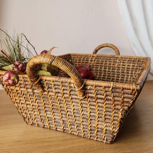 Vintage Rustic Natural Willow Wicker Rectangular Basket with Handles - Earthy Warm Toned Country Decorative Tray Carrier