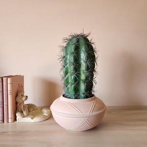 Vintage Faux 'Toothpick' Column Cactus Potted In Light Peach Textured Southwestern Ceramic Orb Pot, 1990's Rustic Desert Decor