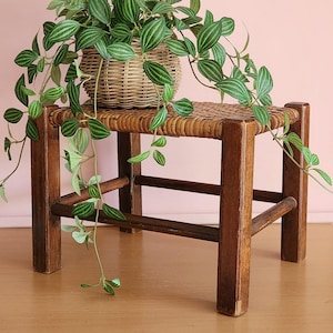 Vintage Rustic French Woven Cane & Wood Footstool