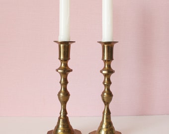 Pair of Brass Vintage Colonial Candlestick Holders - Square Base - Baulster Antique Style