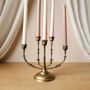 May include: A brass candelabra with five arms holding tapered candles in shades of white and soft pink. The metal stand features a circular base and slender, curved branches with floral-shaped candle cups, supporting five vertical wax candles.