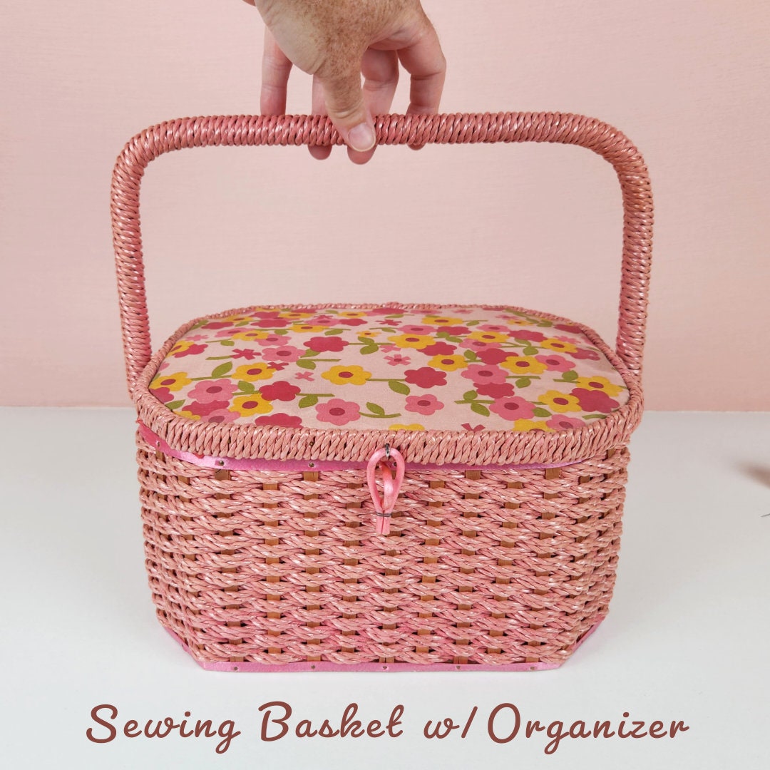Pink Retro Sewing Basket, Carrying Case W/ Organizer Tray, Vintage