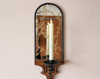 Vintage Arched Mirror Single Sconce, Spanish Twisted Iron & Gold Vein Glass, 1970's Wall Hanging Candle Holder, Gothic Decor